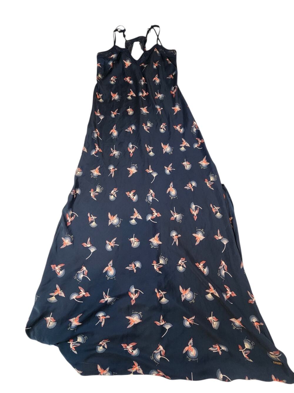 Rosie‎ Autograph Navy Bird Print Maxi night dress Lace Trim Keyhole Back sz4